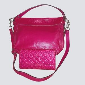 Large Vintage Vtg Coach Zoe Patent Leather Pink Bag, Coach Optic Wallet Pink…
